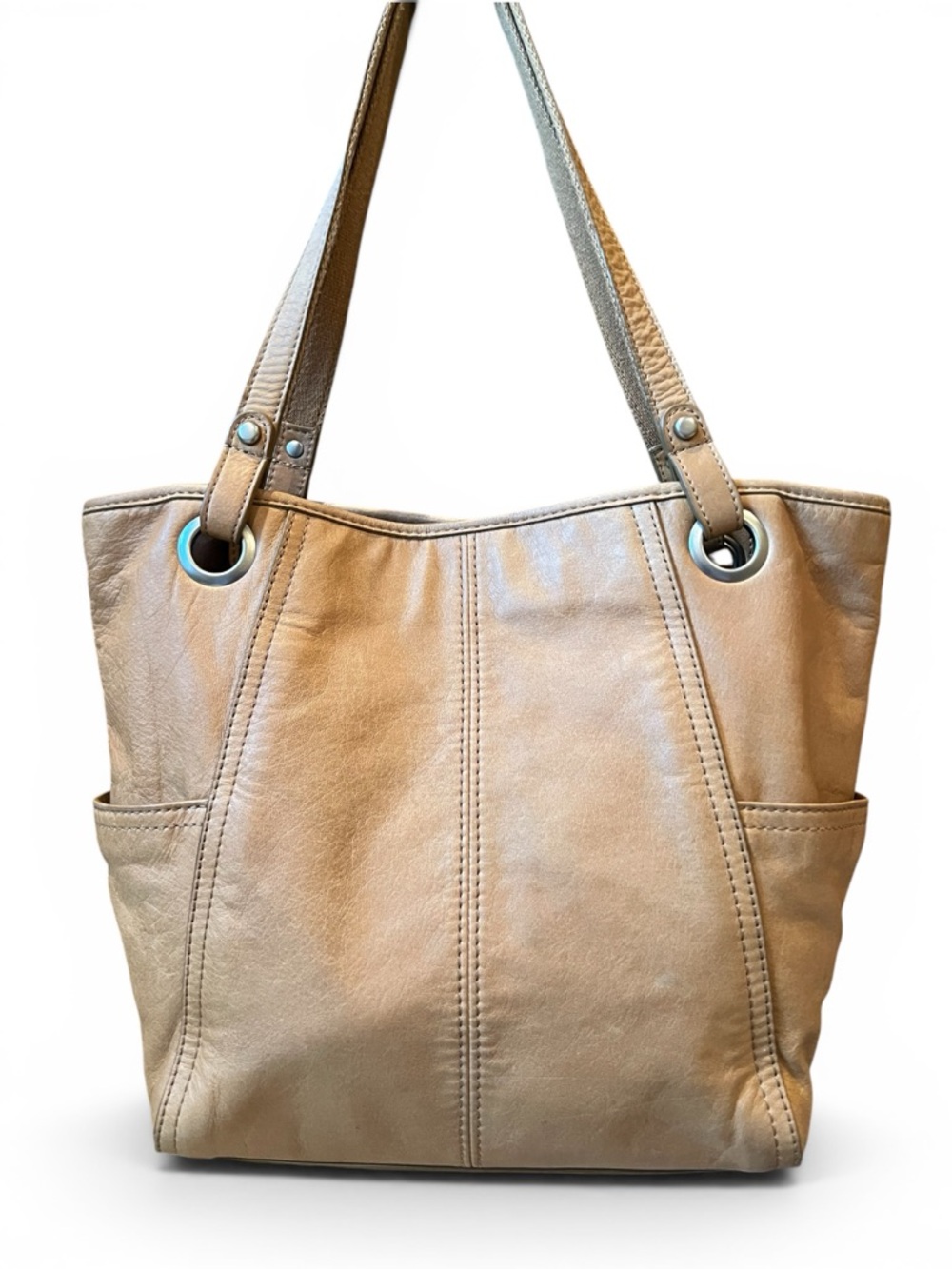 Fossil Vintage Pebbled Leather Grommet Tote Bag Light Tan
